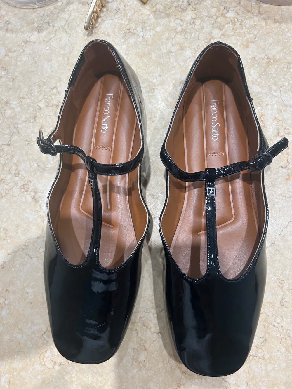 Franco Sarto Black Patent T-Strap Square Toe Flats